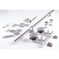 Top-mounted hanging door track kit for sliding door installations. Includes track with dimensions 78-3/4 in length, 2-1/8 in width, and 4-3/8 in height. Supports doors up to 220 lb. Suitable for industrial and commercial applications requiring a top track system