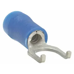 These insulated fork terminals are designed for terminating 16 AWG to 14 AWG wires onto #8 studs. The flanged fork configuration provides secure connections in electrical panels and control cabinets. Rated for 600 V, the vinyl insulation grip barrel ensures reliable performance in power distribution and industrial machinery applications.