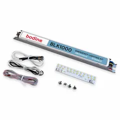 Emergency driver with LED array retrofit for linear fixtures. Provides 1000 lumens for 1.5 hours during power loss. Operates on 120 to 277V AC input. Lithium Ion battery included. Suitable for commercial and industrial emergency lighting applications.