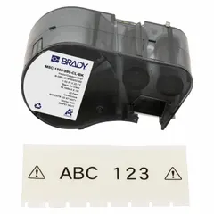 Thermal transfer continuous label roll cartridge with vinyl, clear gloss material rated for indoor/outdoor use. Measures 1 1/2 in x 20 ft. Compatible with M511 printer series. Used for labeling in industrial environments such as electrical, machining, and material handling.