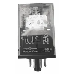 Plug-in relay with octal base and 8 round pins. DPDT contact configuration rated 10 A at 250V AC resistive load. 24V AC coil. Suitable for general-purpose switching in industrial control panels and automation systems.