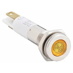 This LED indicator pilot light provides a yellow visual signal for industrial control panels and machinery. It features a flush head design with an H08 body style and a 0.11 Male Quick Disconnect electrical connection.
