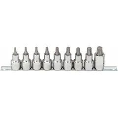 This 25-piece Torx bit socket set includes 9 socket bits with tip sizes ranging from T25 to T60, all with a 1/2 in drive. Designed for driving Torx fasteners in industrial assembly, maintenance, and repair tasks. The fixed insert design ensures secure engagement during high-torque applications.
