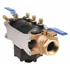 Reduced pressure zone backflow preventer with flange connections and ball valve shut-off. Body constructed of glass-filled nylon in standard configuration. Used to protect potable water supplies from contamination in high-hazard cross-connection applications.