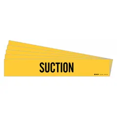 Yellow adhesive pipe marker with black legend reading 'Suction'. Designed for pipes with outer diameter 8 inches and larger. Each pack contains 5 markers, each without directional arrows. Used to identify suction piping in industrial systems.