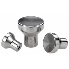 This pull knob features a threaded hole for secure mounting on machinery and fixtures. Made of stainless steel, it resists corrosion in harsh environments. The M4 thread with 10 mm length and 21 mm diameter allows for manual adjustment and gripping in industrial applications.