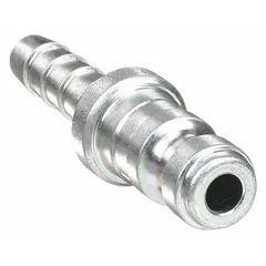 This Tru-Flate automotive steel quick-connect air coupling plug is a male-type hose fitting with a 3/8 in body size and 3/8 in hose fitting size. It features a sleeve locking mechanism for secure connections in compressed air systems. Typical applications include workshops, manufacturing, and automotive maintenance.