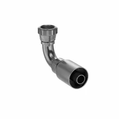 Steel 90° elbow crimp fitting with JIC female swivel connection on one end and crimp connection for -12 hose on the other. Thread size is 1-1/16"-12. Used to create permanent, leak-resistant hose assemblies in hydraulic systems for industrial machinery and mobile equipment.