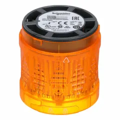 Steady light module with orange lens for continuous visual indication. Operates on 24V AC/DC. 60 mm overall diameter. Part of the XVU series. Used on machinery, conveyors, and process lines to indicate warning, standby, or intermediate status.