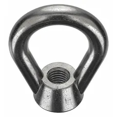 Steel eye nut with black oxide finish, oval shape, 1 1/2" inside diameter, and 2 1/2" outside diameter. Used as a lifting point for attaching hooks, shackles, or cables in rigging and material handling applications.