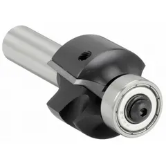 This roundover profile router bit features a carbide cutting edge with a 1-1/4 in cutter diameter and 2 flutes. It is used to create smooth, rounded edges on wood, plastic, and composite materials in woodworking, cabinetry, and general fabrication applications.