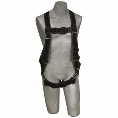 This vest-style full body harness is designed for general fall arrest applications in hot work environments. It features a 310 lb weight capacity, black color, back D-ring location, PVC coated steel D-rings, and friction torso adjustment. The harness is RFID equipped for tracking and compliance, with no padding included.