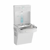 On-wall single drinking fountain with integrated bottle filler. Stainless steel housing with Arctic White finish. Chilling capacity of 8 gph at 50°F. Bottom panel access for filter changes. Suitable for commercial and institutional settings where a compact wall-mounted water station is needed
