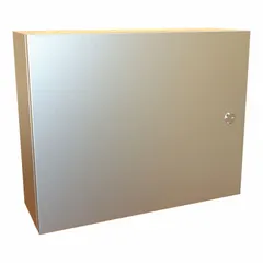 This 304 stainless steel enclosure measures 16 x 20 x 6 inches and is rated NEMA 12/13/3R/4/4X for protection against dust, water, and corrosion. It features a hinged cover with a 1/4-turn latch and does not include knockouts. Suitable for housing electrical controls, terminals, and instruments in industrial environments.