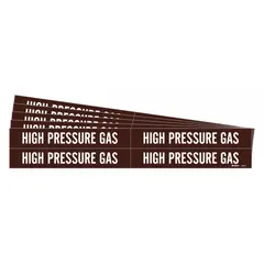 Adhesive pipe marker for identifying high-pressure gas lines. Brown background with white legend text. Fits pipe outer diameters from 3/4 to 2-3/8 inches. Pack of 4 markers, sold in a 5-pack quantity. No arrows included.