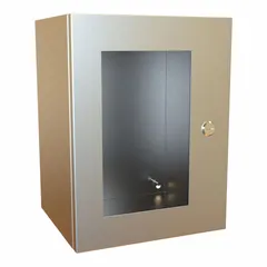 This HAMMOND stainless steel enclosure measures 16 x 12 x 10 inches and is rated NEMA 12/13/3R/4/4X for protection against dust, water, and corrosion. It features a 1/4-turn latch closure and a hinged cover. Suitable for housing electrical controls, terminals, and instruments in industrial and washdown environments.