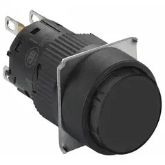 Momentary flush-mount push button with a non-metallic actuator and quick-connect terminals. Suitable for control panel signaling and machine operation in industrial automation environments. Features a 16 mm mounting diameter and SPDT contact configuration.