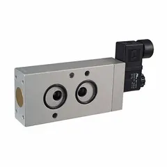 Single solenoid, 4-port valve with NAMUR interface for direct mounting on pneumatic actuators. Operates on 12V DC with 1/4 in NPT inlet and outlet connections. Includes conduit connector. Used to control air or neutral gas flow in industrial automation.