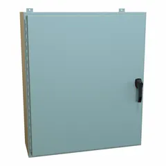 This steel enclosure measures 42 x 36 x 12 inches and is rated NEMA 12/13/3R/4 for protection against dust, falling dirt, rain, sleet, hose-directed water, and corrosion. It features a solid hinged cover with a handle closure. Knockouts are not included. Suitable for industrial washdown environments housing electrical controls and instruments.