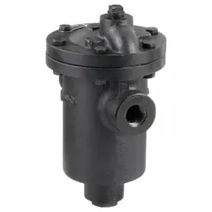 Cast iron inverted-bucket steam trap for horizontal in-line installation. 1/2 in FNPT connections, maximum capacity 2,060 lb/hr, maximum pressure 30 psi, maximum temperature 450°F. Strainer not included. Used to discharge condensate from steam lines while preventing steam loss.