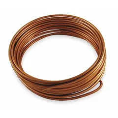 Copper capillary tubing used as a metering device in refrigeration systems. Controls refrigerant flow from the condenser to the evaporator. Inside diameter 0.05 in, outside diameter 0.114 in, length 11 ft.