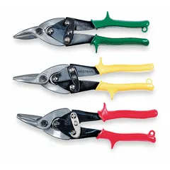 This aviation snip set includes left, right, and straight cutting snips for cutting curves and straight lines in sheet metal. Each snip has steel blades and a 1 1/2 in cutting length, with an overall length of 9 3/4 in. Suitable for HVAC, automotive, and general fabrication tasks.