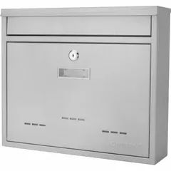 Surface-mounting letter box in gray finish with lockable top-loading design. Suitable for secure mail collection on exterior walls in residential or commercial settings. Measures 12 1/4 inches high by 14 1/4 inches wide by 3 5/8 inches deep.