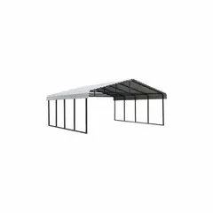 This ARROW carport provides covered parking for vehicles, boats, or equipment. The steel frame and Eggshell roof shield against sun, rain, and light snow. Includes anchors for secure installation. Overall dimensions: 20 ft width, 20 ft length, 7 ft height.