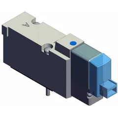 Five-way, two-position solenoid air control valve from the SYJ5000 Series. Single solenoid, plug-in design with 24V DC operation. Used to direct compressed air in pneumatic systems for industrial automation, packaging, and material handling equipment.