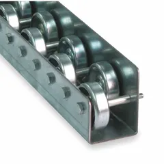Flow Rail: Skate Wheel, Light-Duty, 10 ft Overall Lg, 195 lb/ft (5 ft Supports), 2 1/4 in Overall Wd (MPN W10FR210015). Key specifications — Wheel Alignment: Staggered; Skate Wheel Material: Steel.