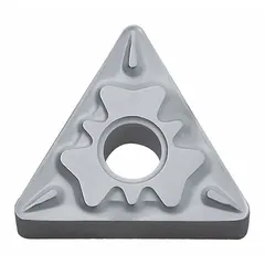 Triangle indexable turning insert made of cerment, combining ceramic hardness with metallic toughness. Suitable for turning, facing, and profiling operations on steel, stainless steel, and cast iron. Provides wear resistance and surface finish in general machining applications.