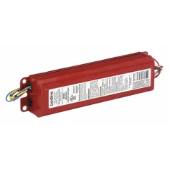 Standard emergency ballast for one T12 or T8 fluorescent lamp up to 40 W. Operates on 120/277V AC input. Provides emergency lighting during power outages in commercial and industrial settings.