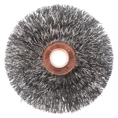 This light-cleaning brush features a crimped stainless steel fill of 0.014" for use on stainless steel surfaces without cross-contamination. With a 3" diameter and 5/8" width, it fits arbors from 1/2" to 3/8". Typical applications include removal of oxidation, light burrs, and contaminants in metal fabrication and maintenance tasks.