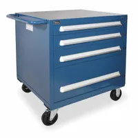 Steel drawer cabinet with bright blue finish, assembled on casters including two swivel with brakes. Features four drawers with pull handles, adjustable dividers, and a steel work surface. Suitable for organized storage of tools, parts, and industrial supplies in workshops and manufacturing facilities