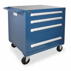 Steel drawer cabinet with bright blue finish, assembled on casters including two swivel with brakes. Features four drawers with pull handles, adjustable dividers, and a steel work surface. Suitable for organized storage of tools, parts, and industrial supplies in workshops and manufacturing facilities.
