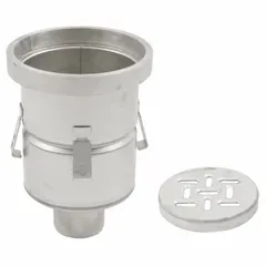 This BLUCHER sanitary floor drain is constructed of stainless steel with a silver finish. It has a 4-inch nominal pipe size and a No Hub connection type, with a slotted top. Suitable for commercial and industrial drainage applications where corrosion resistance and hygiene are required.