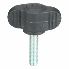 Wing knob with threaded stud for manual clamping, positioning, and adjustment on machinery and fixtures. Plastic body with steel M5 threaded insert, 20 mm thread length, 28 mm diameter. Suitable for frequent hand-tightening in industrial assembly, jigs, and workholding applications.