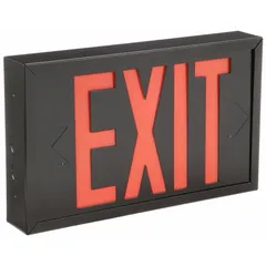 Steel LED exit sign with two red faces, suitable for ceiling, end, or wall mounting. Operates on 120/277 V AC and includes universal field-selectable chevrons. Not battery powered and supplied without battery backup. Used to mark emergency exits in commercial and industrial facilities.