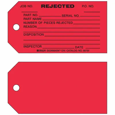 BRADY Tag: Rejected, 3 in Wd, 5 3/4 in Ht, Black/Red, Rectangle, Paper, Indoor - Safety