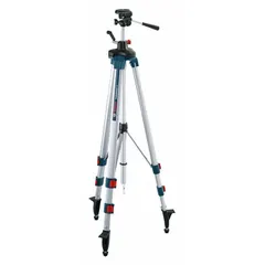 Aluminum tripod with telescoping legs adjustable from 3 3/16 ft to 8 3/16 ft. Features a 1/4\"-20 mounting thread for use with rotary laser levels, optical levels, and transit levels. Provides stable support for leveling and alignment tasks on job sites.