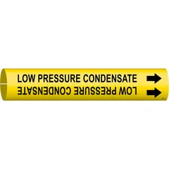Yellow pipe marker with black legend text reading 'Low Pressure Condensate' and directional arrows. Fits pipe outer diameters of 4 to 6 inches. Snap-on design for quick installation on low pressure condensate lines in steam and HVAC systems.