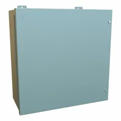 This steel enclosure is rated NEMA 12 for protection against dust, dirt, and dripping non-corrosive liquids. It measures 20 x 20 x 9 inches and features a solid hinged cover secured with screws. A panel is included; knockouts are not provided. Typical applications include housing electrical controls and instruments in industrial environments.
