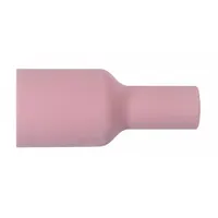 This large-diameter gas lens nozzle is made of alumina and features a No. 10, X-Long design. It is used in TIG welding to improve shielding gas coverage and reduce turbulence, providing extended reach for precise weld puddle control