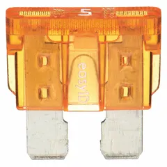 Fast-acting fuse rated 5 A at 32 V DC with standard profile. Indicating feature shows blown fuse for quick identification. Suitable for protecting automotive circuits such as lighting, accessories, and control modules. Supplied in a 2-pack.