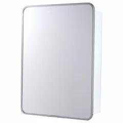 This mirrored medicine cabinet features a bright annealed stainless steel frame with a silver finish and an acrylic mirror with round edge style. Overall height is 22 inches and overall width is 16 inches. Suitable for bathroom or medical facility storage in high-humidity environments.