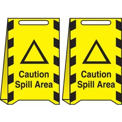 Corrugated plastic folding sign for temporary indoor spill warnings. Nominal size 20 in x 12 in x 1/4 in. Not retroreflective and does not glow in the dark. Suitable for marking wet or slippery floors where ambient lighting is sufficient.
