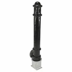 This removable bollard is constructed from carbon steel with a black finish and includes a galvanized base for embedded sleeve installation. It measures 4-1/2 inches in diameter with an install height of 40 inches. Typical applications include temporary access control and asset protection in industrial facilities, where the bollard can be removed when vehicle or pedestrian access is required and reinserted for security.
