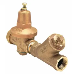 Cast bronze high capacity water pressure regulator with 1 in FNPT x FNPT connections. Single union design for easy servicing. Adjustable outlet pressure range 25 to 75 psi. Low-lead compliant for potable water systems. Used to reduce and stabilize incoming water pressure in commercial and residential plumbing, protecting downstream equipment from pressure surges.