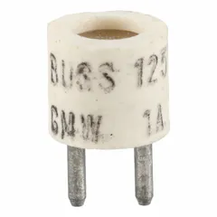 Fast-acting pin fuse rated 1 A at 125 V AC. Compact 9/32 in x 9/32 in body. Used for overcurrent protection in telecommunications equipment and other sensitive electronic circuits.