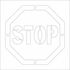 General-purpose safety stencil with 'Stop' message. Stencil size and message size are both 26 in x 26 in. Used for marking stop instructions on floors, equipment, or signage in industrial environments.